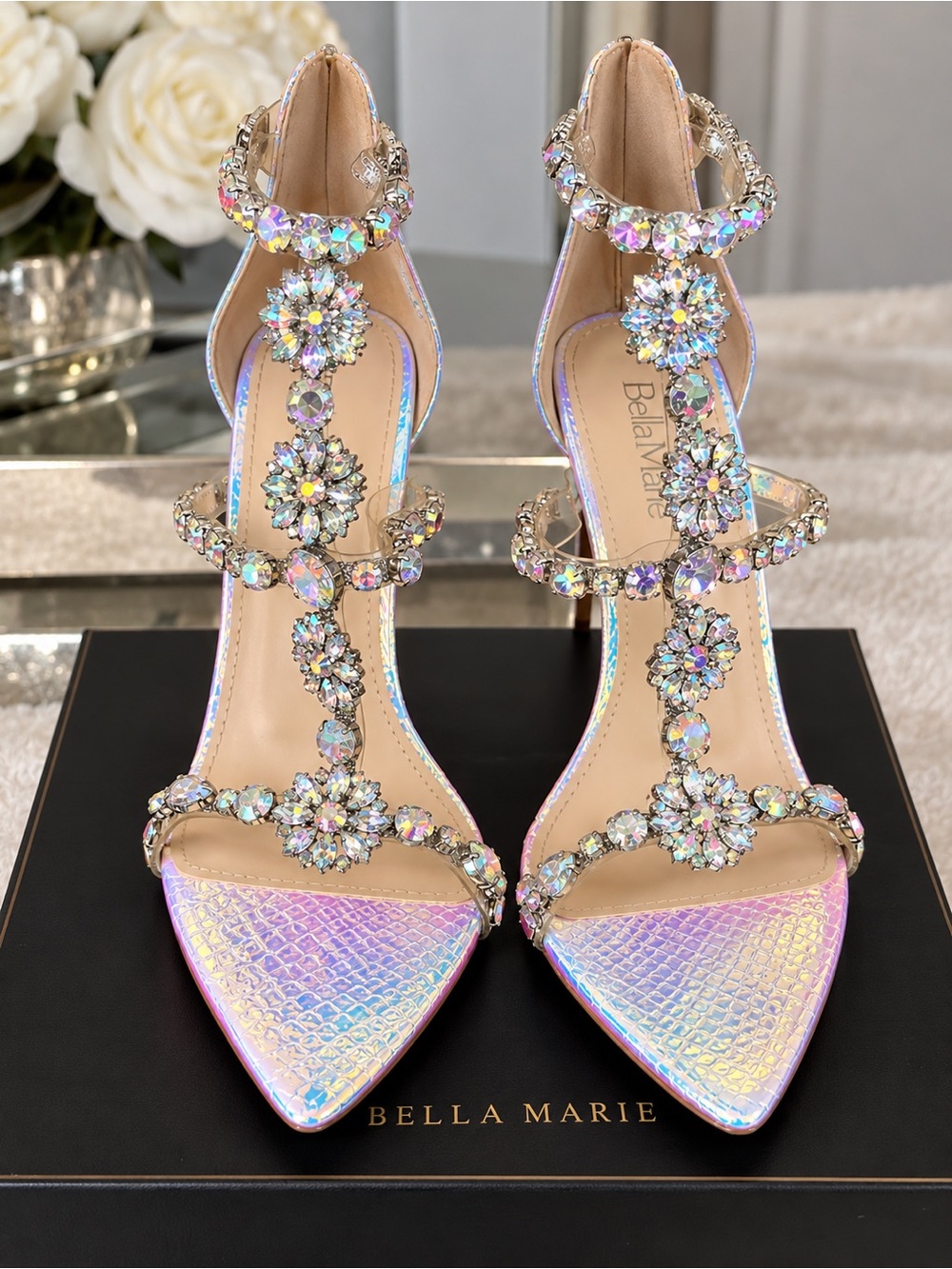 Bella Marie Iridescent Crystal Rhinestone Floral Stiletto Heels Size 9 NEW